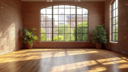 Sunlit urban loft with brick walls and large window overlooking cityscape