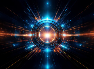 Obraz premium Abstract futuristic design shows a central glowing circle with radial light rays in blue and orange colors against a dark backdrop, creating a vibrant and dynamic visual.