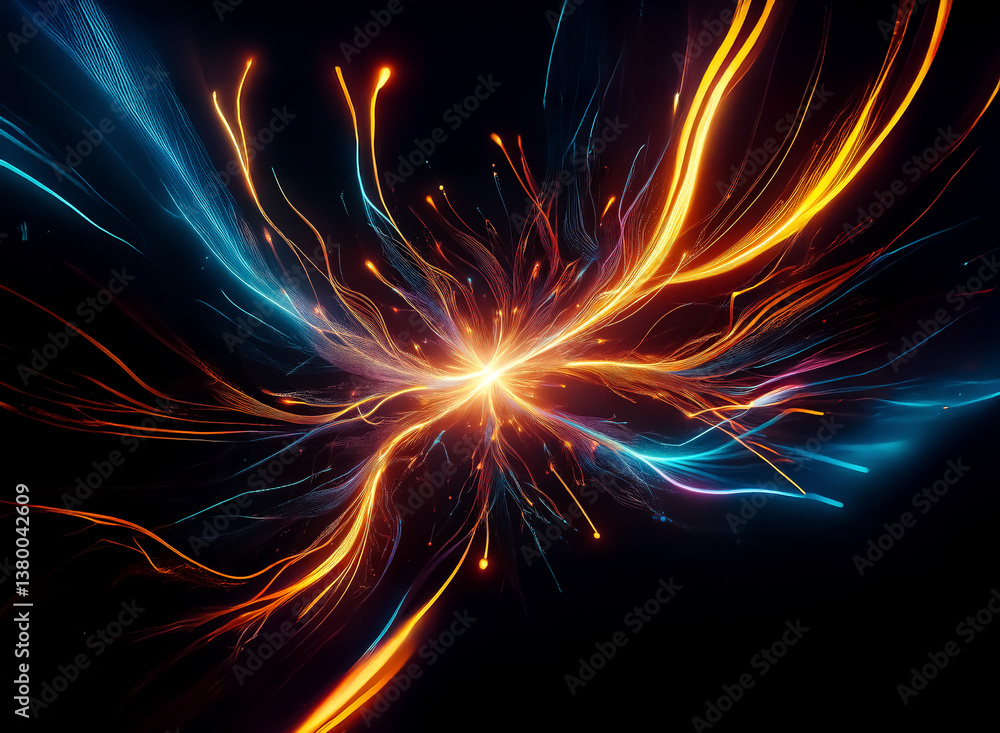 Poster Abstract light streaks burst from a central glow, creating dynamic energy against a dark backdrop. Orange and blue hues intertwine in a vibrant display of motion and light.
