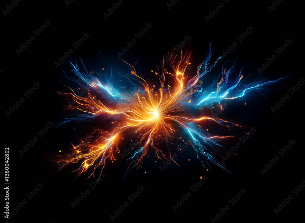 Poster Fiery energy explosion bursts with vibrant orange and cool blue streaks against a stark black backdrop, creating a dynamic and electrifying visual.