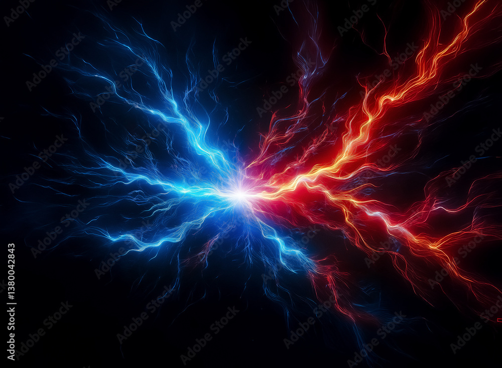 Poster striking blue and red lightning bolts clash intensely in the dark void, creating a powerful energy s