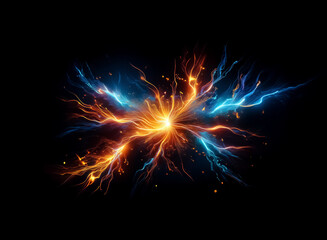 Fiery energy explosion bursts with vibrant orange and cool blue streaks against a stark black backdrop, creating a dynamic and electrifying visual.