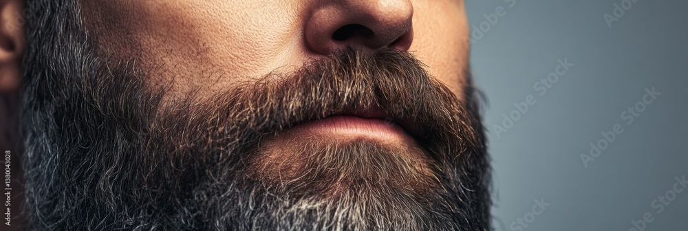 Poster close-up view of a thick groomed beard with texture highlighted by soft natural light against a masc