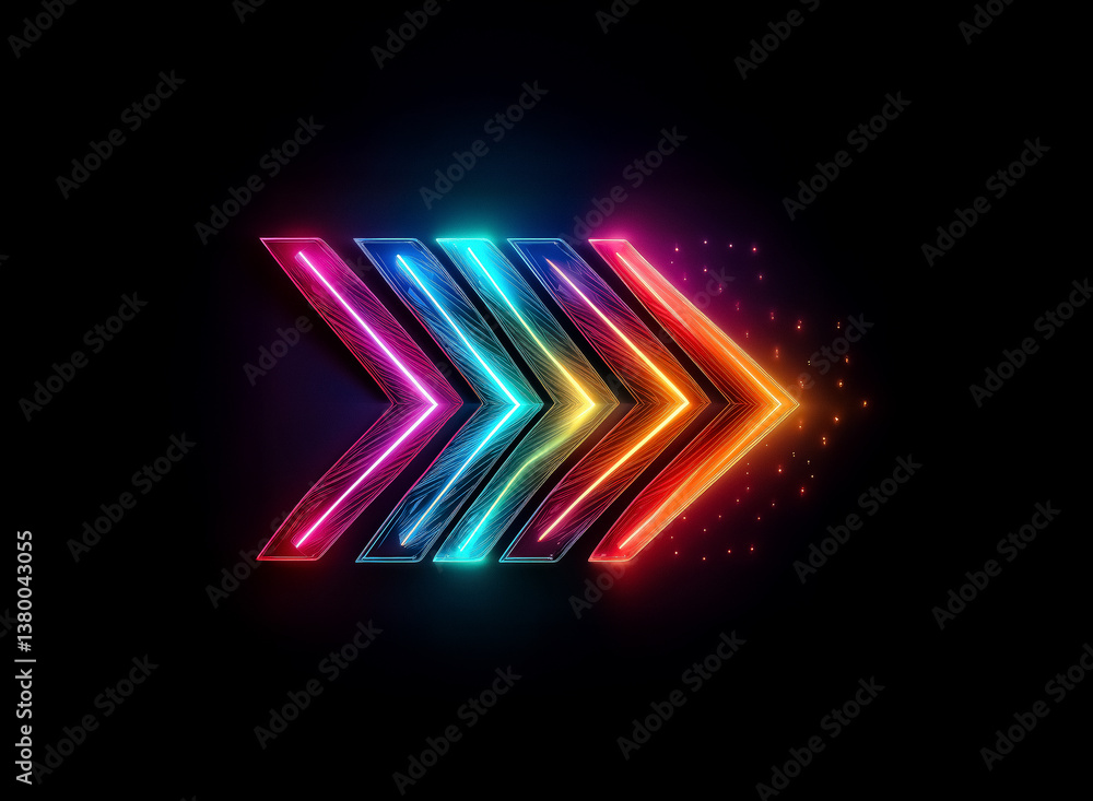 Poster Vibrant layered arrow design with neon colors illuminates a dark background.  The glowing elements create a sense of dynamic direction and modern digital aesthetic.