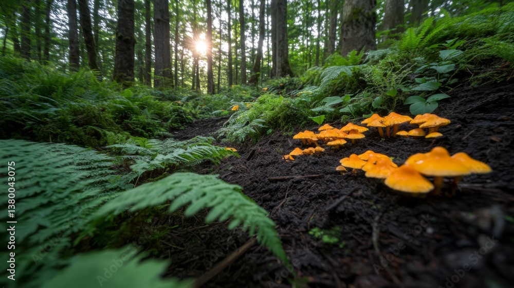 Poster explore a lush forest floor where bright orange mushrooms thrive among green ferns, illuminated by s