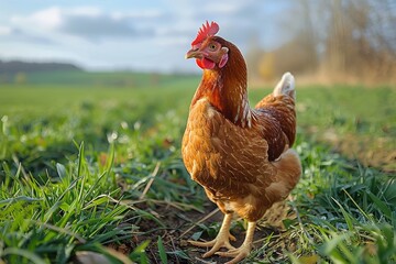 A brown hen stands proudly in a lush green field
