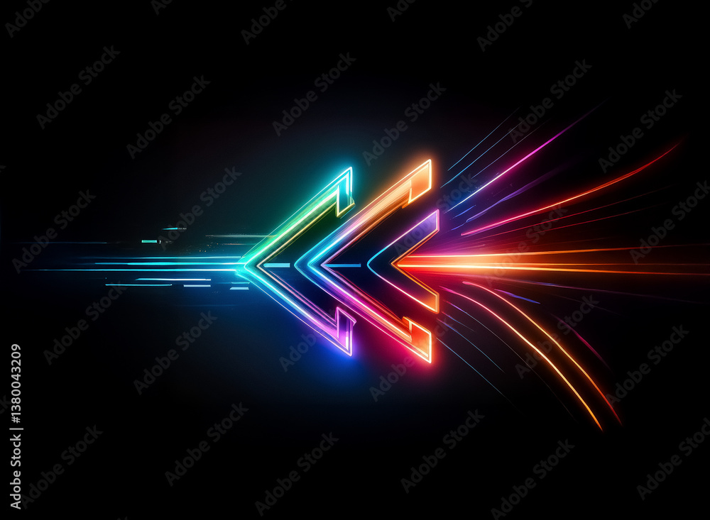 Poster a vibrant neon arrow glows, pointing left, with rainbow colored light trails streaming from it again