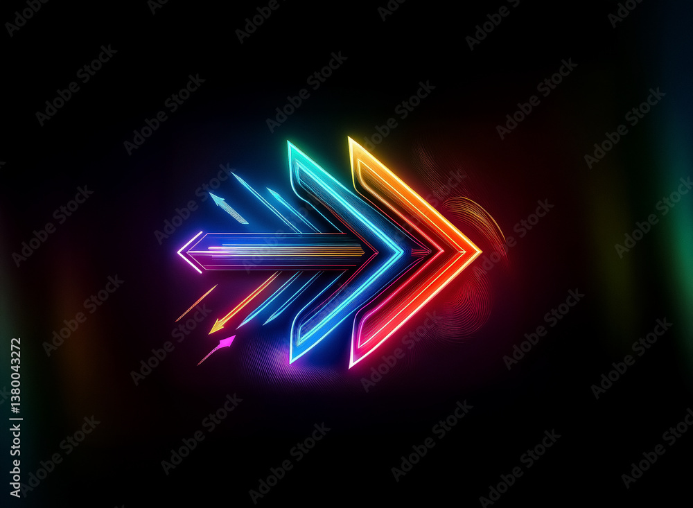 Poster vibrant neon arrow pointing right, illuminated with bright colors against a dark backdrop, creating 