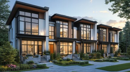 Modern townhouses with large windows and lush gardens at dusk