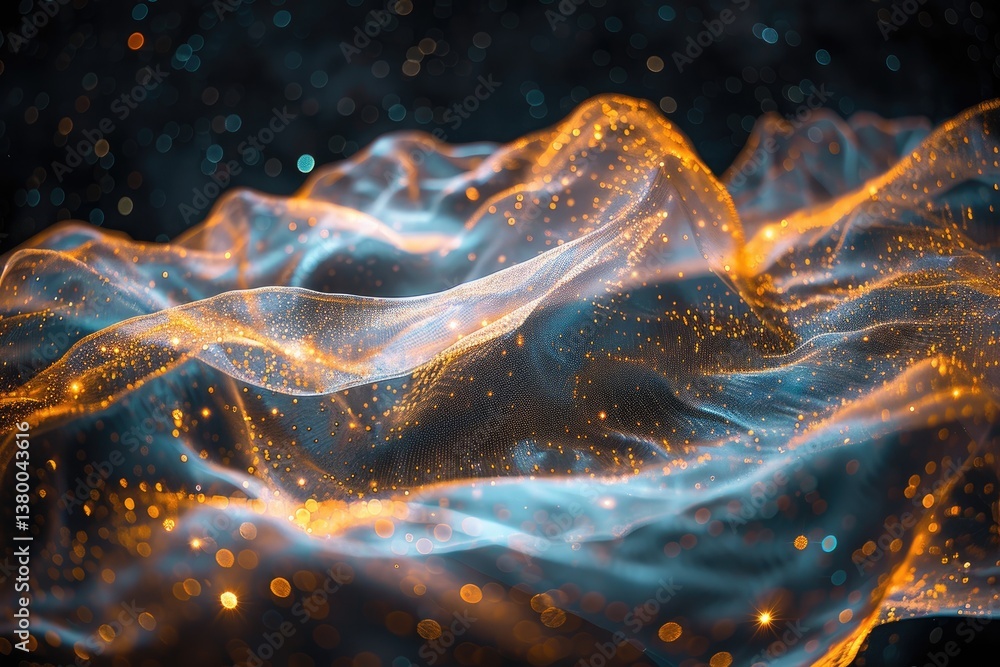 Poster abstract display with flowing shapes and glowing golden particles throughout
