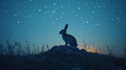 Rabbit sits atop hill gazing at starry night sky under a serene twilight backdrop