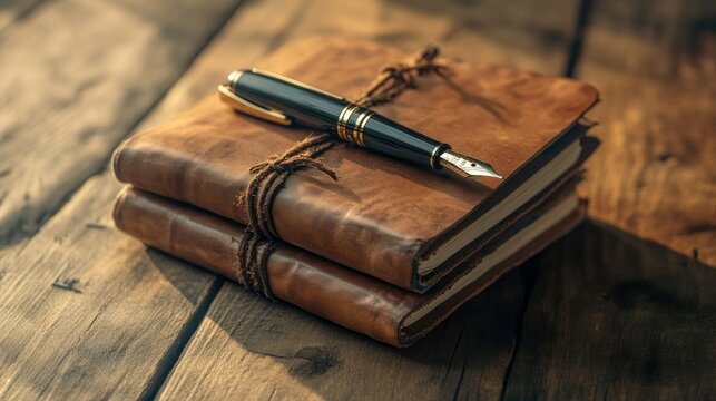 A classic fountain pen rests on a stack of leather journals