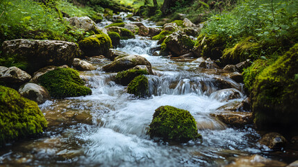 Obraz premium waterfall, water, river, nature, stream, forest, rock, landscape, cascade, stone, creek, rocks, flow, moss, green, mountain, fall, flowing, motion, natural, brook, spring, park, falls, waterfalls