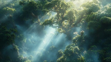 Obraz premium Rays pierce dense jungle canopy; sunlight streams through the misty, green forest