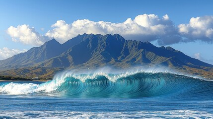 Fototapeta premium A dynamic wave pattern unfolds, its crest and trough interweaving in an endless cycle, forming a captivating background that seamlessly blends with the ocean's vast expanse. 