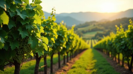 Rows of grapevines in a vineyard with green grapes ripening in the foreground, sunset over distant hills