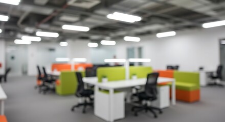 Blurry Office Interior with Desk Spaces and Bright Lighting for Background