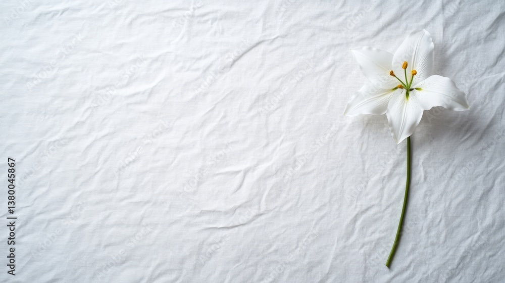 Poster A single white lily rests on a textured white canvas, bathed in soft shadows that enhance its beauty and provide a peaceful ambiance for design purposes