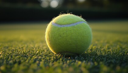 Tennis Ball on Lush Green Grass Court, Golden Hour Lighting, Sport, Competition, Tournament
