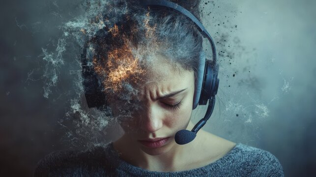Young female with exploding thoughts wearing headset in dramatic digital art