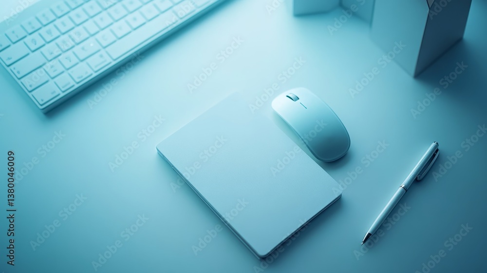 Aufkleber A quiet workspace features a keyboard, mouse, notebook, and pen arranged neatly on a light surface, illuminated by soft evening light