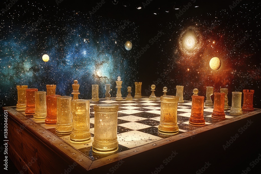 Poster a chess board composed with space in the background