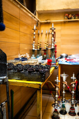Workspace in an Egyptian tea house for preparing hookah/shisha