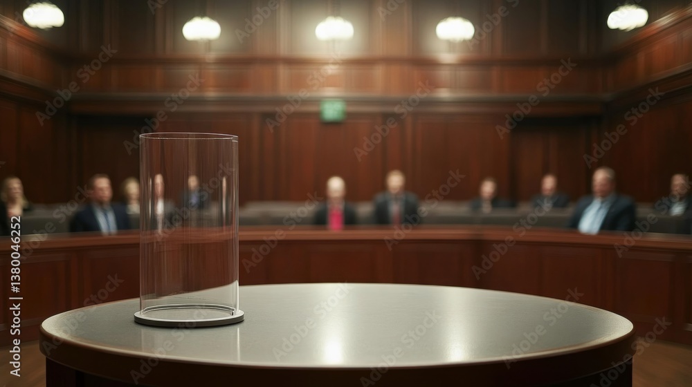 Poster acrylic stand is subtly illuminated on a gray podium, highlighting its design, while a blurred audie