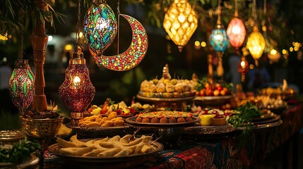 A stunning Eid evening setup featuring colorful mosaic lanterns glowing softly on an ornate table filled with crescent-shaped food platters and decorative greenery