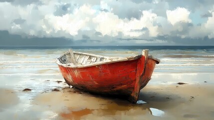 Obraz premium Red boat on tranquil shore with cloudy sky seascape
