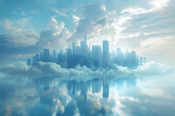 Fototapeta premium A cityscape surrounded by clouds and reflecting in calm water