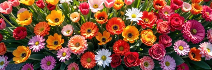 Panoramic view of a colorful mix of spring flowers like tulips and daisies, spring, Easter background