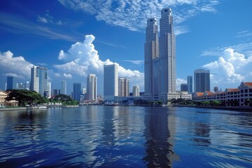 Naklejka premium A city skyline reflecting in calm water on a sunny day