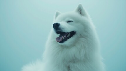Happy Fluffy White Dog Against Light Blue Background
