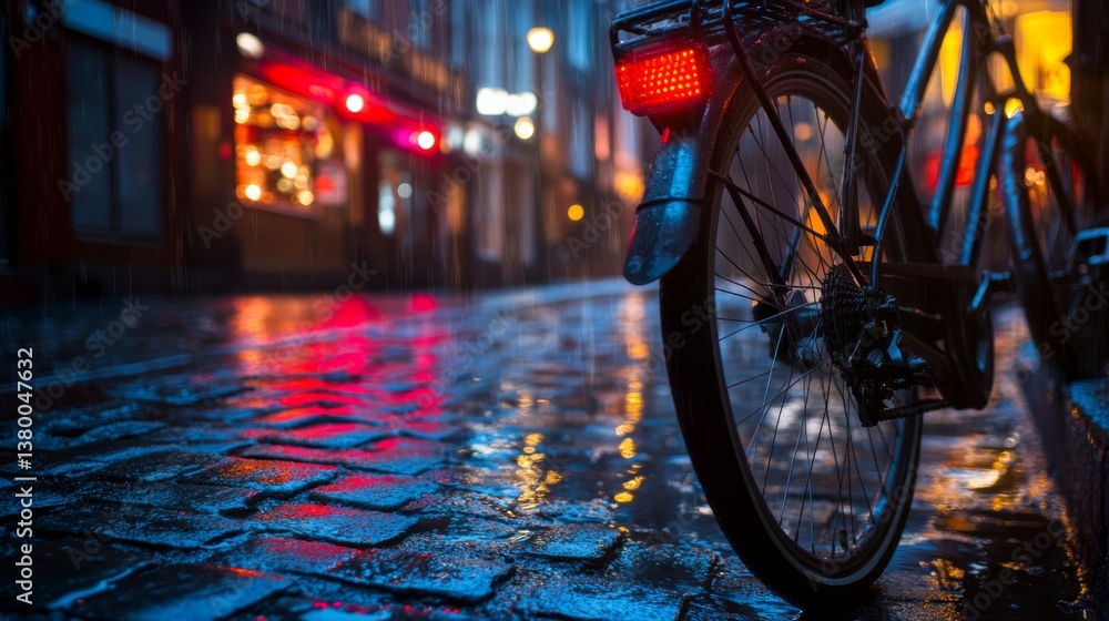 Aufkleber a bicycle stands parked on a cobblestone street, its red tail light glowing softly in the dim light 