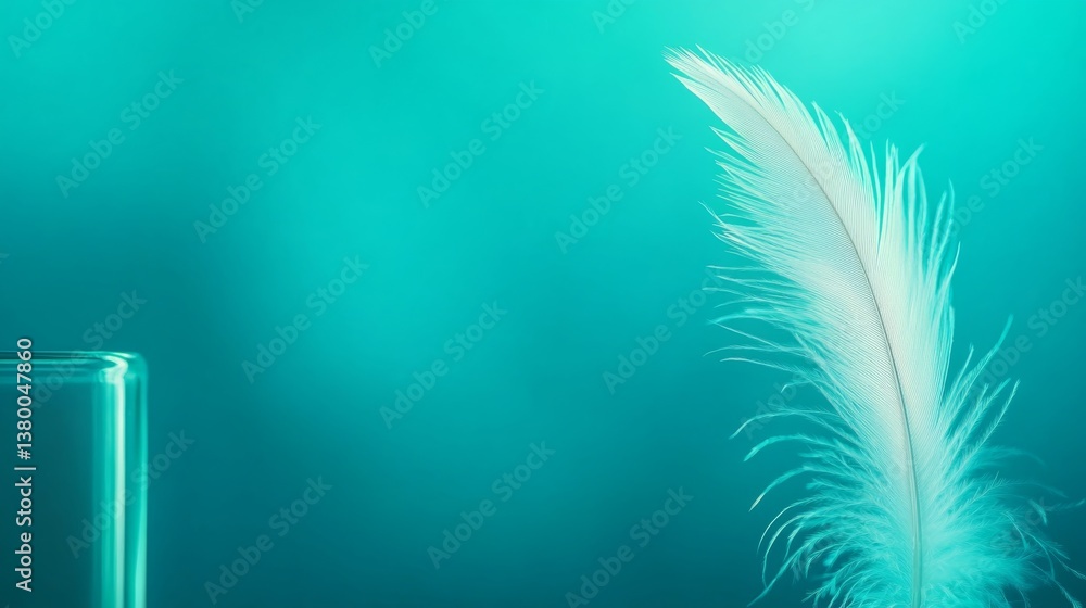 Poster a single white feather rests gently on a smooth glass surface, with soft blue light reflections enha