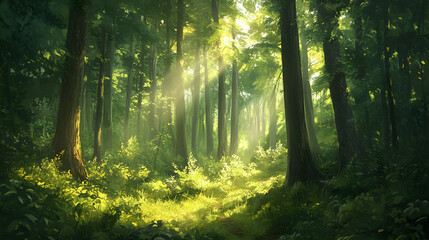 Naklejka premium forest, sun, nature, tree, light, trees, sunlight, landscape, green, morning, road, wood, fog, woods, path, mist, sunrise, autumn, park, ray, leaf, sunshine, summer, through, rays