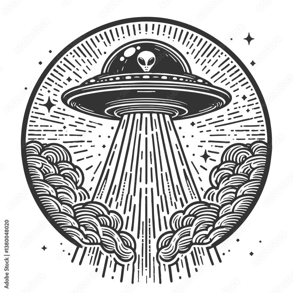 Poster ufo flying saucer emitting a powerful beam of light, blending retro sci-fi with a mysterious extrate
