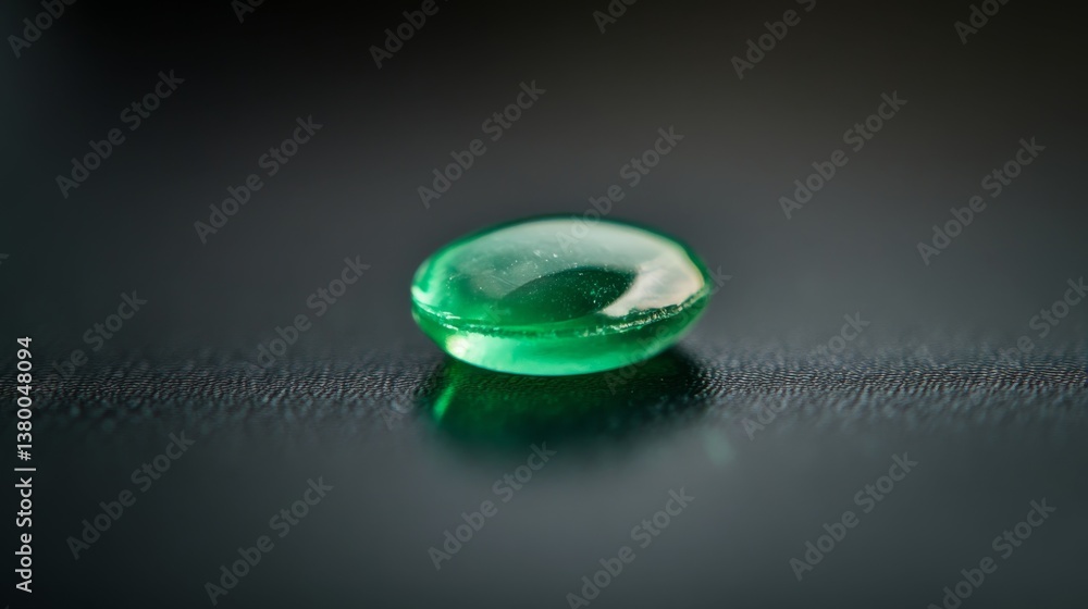 Poster A single green plastic pellet rests on a glossy black surface, exhibiting its smooth texture and the high quality of its precise manufacturing processes