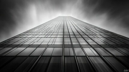 Fototapeta premium Looking Up At A Tall Building Under Cloudy Overcast Skies