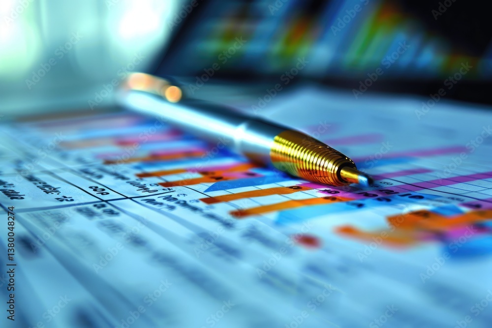 Poster a close up image of a pen and some charts