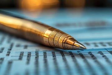 A close up image of a shiny gold pen on paper