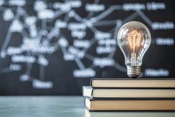 Light bulb on books with background diagram