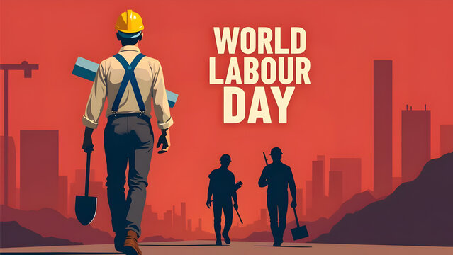 Worldwide Celebration of World Labour Day: Illustration featuring construction workers with tools against a red cityscape, honoring the global workforce on Labour Day. Labour rights protection.