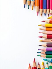 Fototapeta premium Colorful arrangement of colored pencils and paint brushes on white workspace during artistic creation