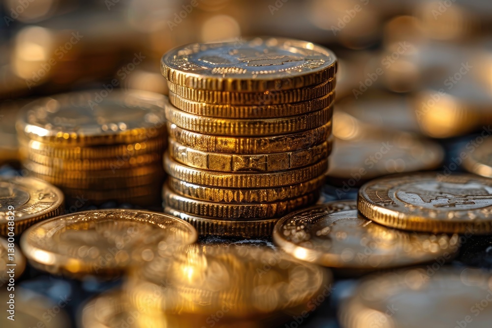 Poster a close up image showing a stack of golden coins