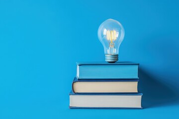Light bulb on top of stacked books background
