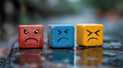 Colorful wooden blocks displaying angry and frustrated faces on wet surface
