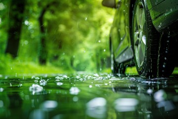 Fototapeta premium A close-up view of a car tire on a wet road, surrounded by lush greenery, with raindrops splashing, creating a serene and natural atmosphere.