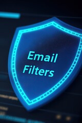 A digital shield icon displays the text "Email Filters" symbolizing cybersecurity and protection against unwanted emails.
